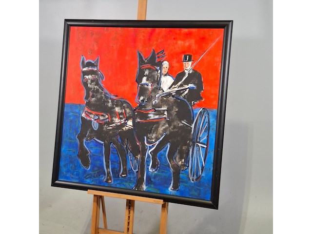 Acryl schilderij, maya wildevuur, paarden met rijtuig, 1996 - afbeelding 3 van  7
