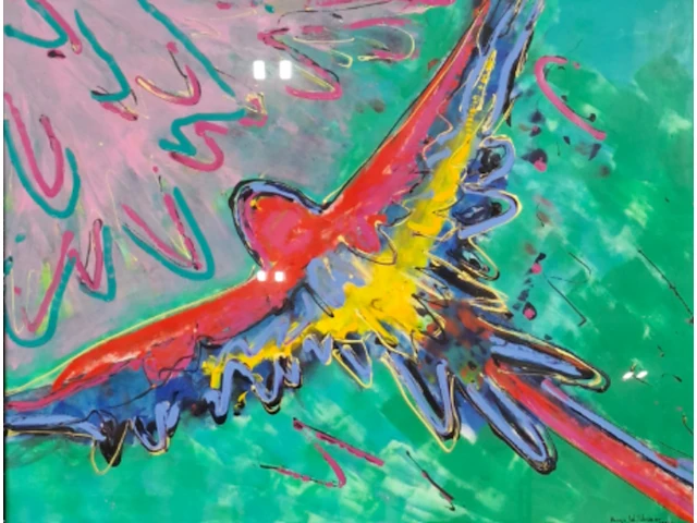 Acryl schilderij, maya wildevuur, papagaai, 1994 - afbeelding 1 van  9