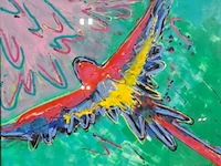 Acryl schilderij, maya wildevuur, papagaai, 1994