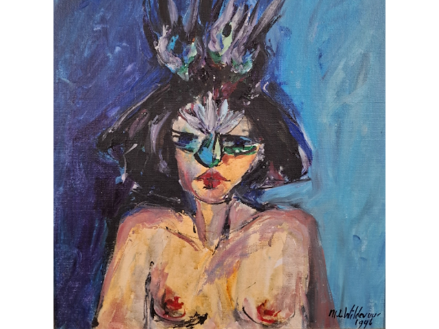 Acryl schilderij, maya wildevuur, portret met masker, 1996 - afbeelding 1 van  11