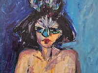 Acryl schilderij, maya wildevuur, portret met masker, 1996