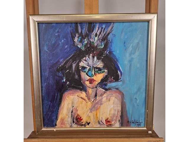 Acryl schilderij, maya wildevuur, portret met masker, 1996 - afbeelding 4 van  11