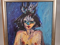 Acryl schilderij, maya wildevuur, portret met masker, 1996 - afbeelding 4 van  11