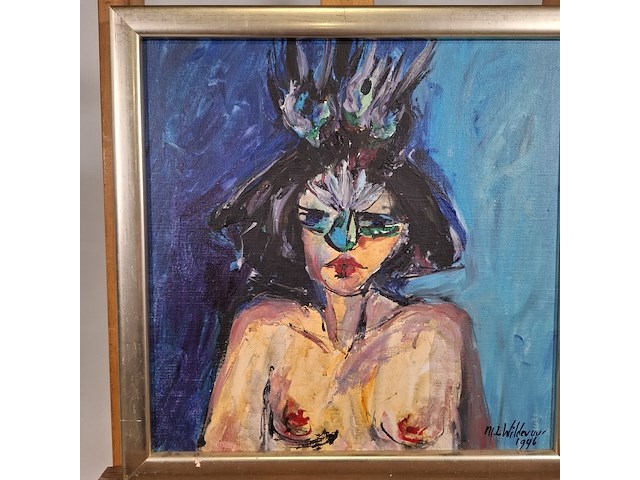 Acryl schilderij, maya wildevuur, portret met masker, 1996 - afbeelding 5 van  11