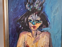 Acryl schilderij, maya wildevuur, portret met masker, 1996 - afbeelding 5 van  11