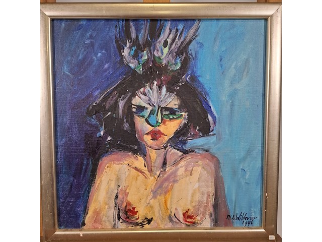 Acryl schilderij, maya wildevuur, portret met masker, 1996 - afbeelding 6 van  11