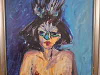 Acryl schilderij, maya wildevuur, portret met masker, 1996 - afbeelding 6 van  11
