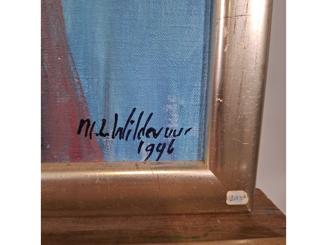 Acryl schilderij, maya wildevuur, portret met masker, 1996 - afbeelding 7 van  11