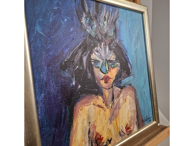 Acryl schilderij, maya wildevuur, portret met masker, 1996 - afbeelding 8 van  11