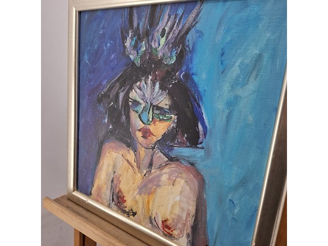 Acryl schilderij, maya wildevuur, portret met masker, 1996 - afbeelding 9 van  11