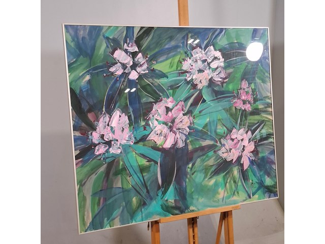 Acryl schilderij, maya wildevuur, rhododendron, 1991 - afbeelding 2 van  7
