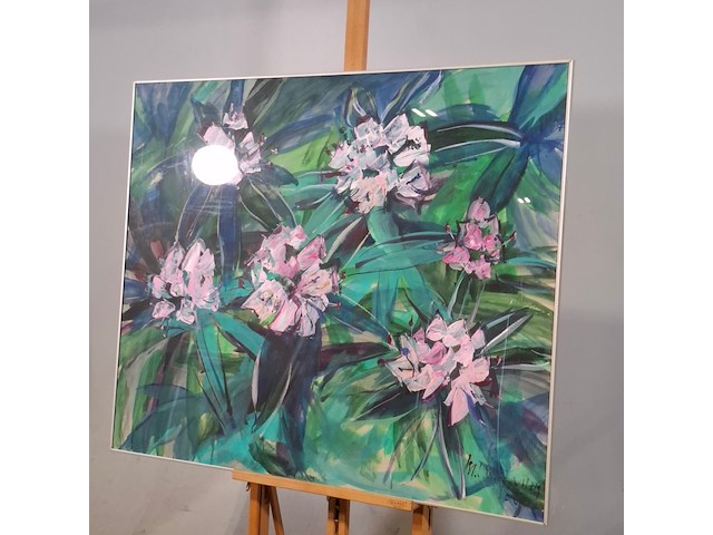 Acryl schilderij, maya wildevuur, rhododendron, 1991 - afbeelding 3 van  7