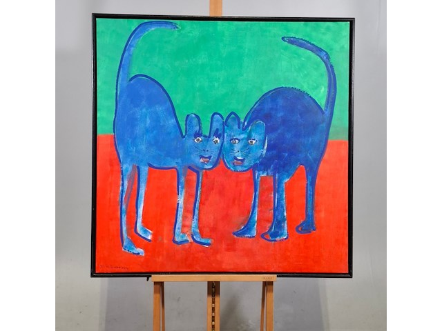 Acryl schilderij, maya wildevuur, twee poezen, 1994 - afbeelding 1 van  7