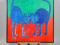 Acryl schilderij, maya wildevuur, twee poezen, 1994 - afbeelding 1 van  7