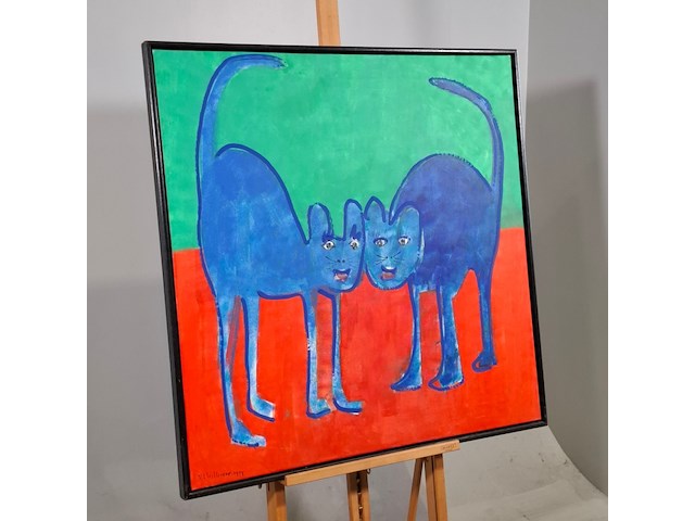 Acryl schilderij, maya wildevuur, twee poezen, 1994 - afbeelding 2 van  7