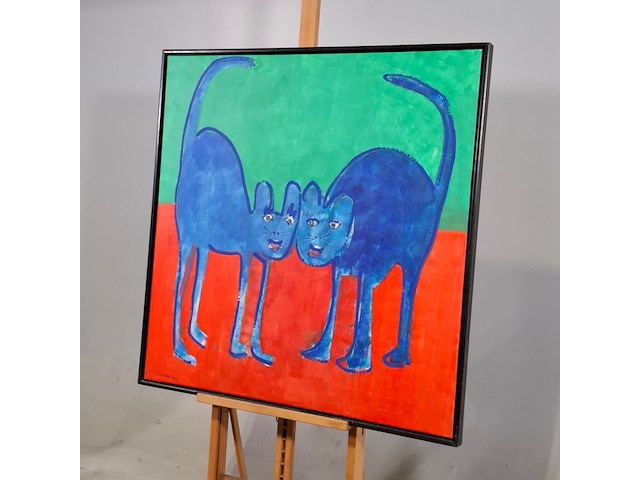 Acryl schilderij, maya wildevuur, twee poezen, 1994 - afbeelding 3 van  7