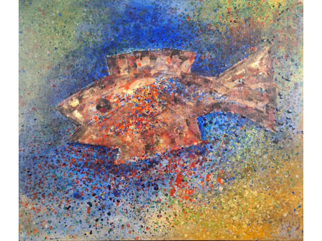 Acryl schilderij, maya wildevuur, vis, 1994 - afbeelding 1 van  10