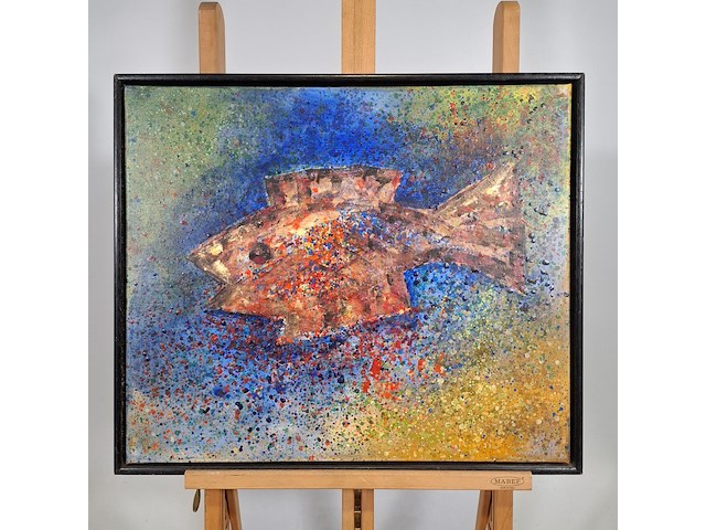 Acryl schilderij, maya wildevuur, vis, 1994 - afbeelding 3 van  10