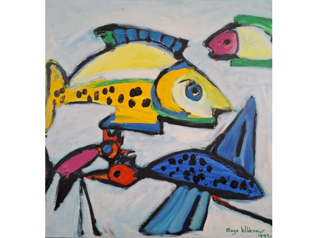 Acryl schilderij, maya wildevuur, vissen, 1992 - afbeelding 1 van  13
