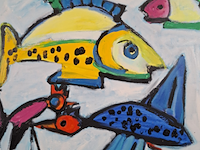 Acryl schilderij, maya wildevuur, vissen, 1992