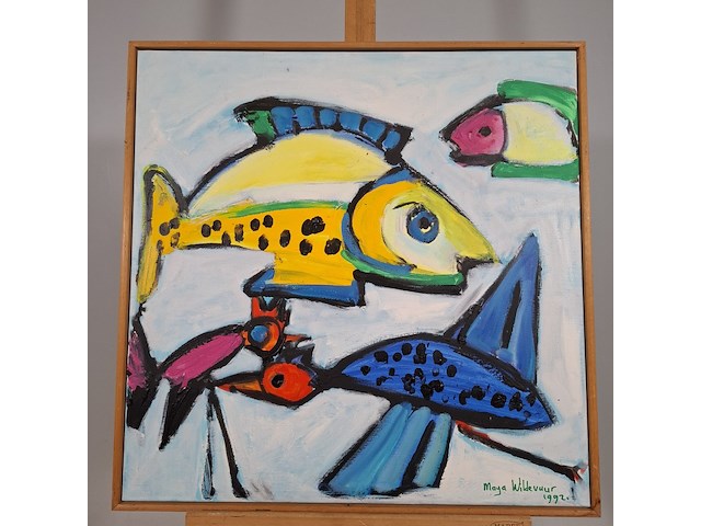Acryl schilderij, maya wildevuur, vissen, 1992 - afbeelding 6 van  13