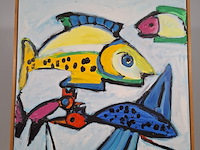 Acryl schilderij, maya wildevuur, vissen, 1992 - afbeelding 6 van  13