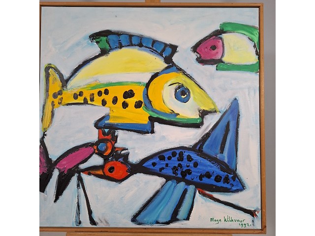 Acryl schilderij, maya wildevuur, vissen, 1992 - afbeelding 8 van  13