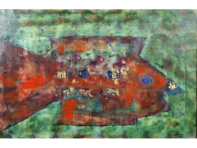 Acryl schilderij, maya wildevuur, vissen, 1993 - afbeelding 1 van  8