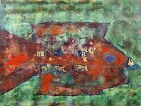 Acryl schilderij, maya wildevuur, vissen, 1993 - afbeelding 1 van  8