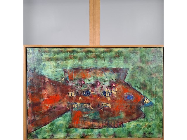 Acryl schilderij, maya wildevuur, vissen, 1993 - afbeelding 3 van  8