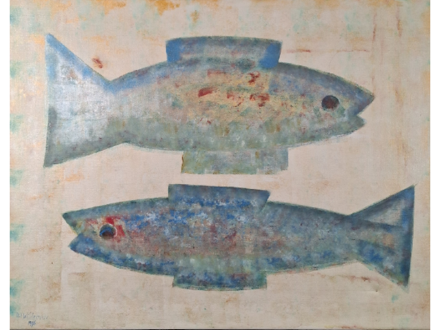 Acryl schilderij, maya wildevuur, vissen, 1996 - afbeelding 1 van  11