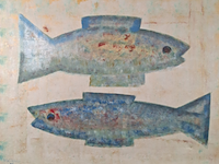 Acryl schilderij, maya wildevuur, vissen, 1996 - afbeelding 1 van  11