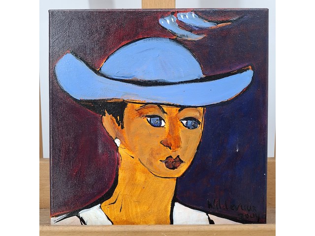 Acryl schilderij, maya wildevuur, vrouw met hoed, 2004 - afbeelding 3 van  10