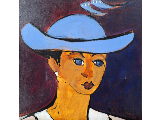 Acryl schilderij, maya wildevuur, vrouw met hoed, 2004 - afbeelding 1 van  12