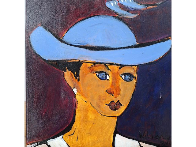 Acryl schilderij, maya wildevuur, vrouw met hoed, 2004 - afbeelding 6 van  12