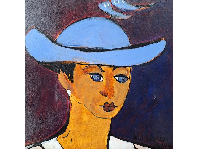Acryl schilderij, maya wildevuur, vrouw met hoed, 2004 - afbeelding 7 van  12