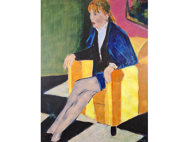 Acryl schilderij, maya wildevuur, vrouw op stoel, 1994 - afbeelding 1 van  7