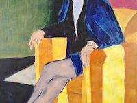 Acryl schilderij, maya wildevuur, vrouw op stoel, 1994 - afbeelding 1 van  7