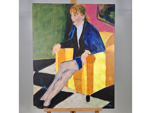 Acryl schilderij, maya wildevuur, vrouw op stoel, 1994 - afbeelding 2 van  7