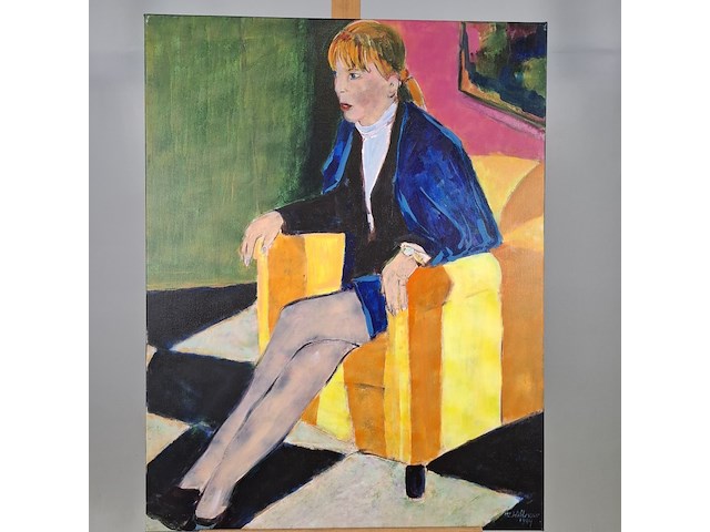 Acryl schilderij, maya wildevuur, vrouw op stoel, 1994 - afbeelding 3 van  7