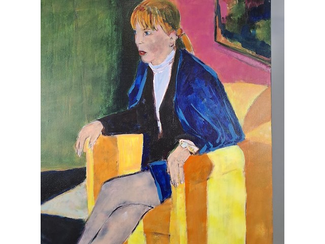 Acryl schilderij, maya wildevuur, vrouw op stoel, 1994 - afbeelding 4 van  7