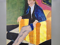 Acryl schilderij, maya wildevuur, vrouw op stoel, 1994 - afbeelding 3 van  7
