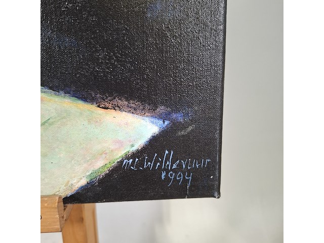Acryl schilderij, maya wildevuur, vrouw op stoel, 1994 - afbeelding 5 van  7
