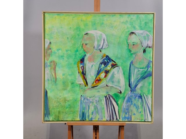 Acryl schilderij, maya wildevuur, vrouwen in kledendracht, 1990 - afbeelding 1 van  7