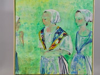 Acryl schilderij, maya wildevuur, vrouwen in kledendracht, 1990 - afbeelding 1 van  7
