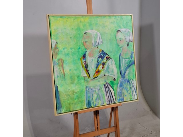 Acryl schilderij, maya wildevuur, vrouwen in kledendracht, 1990 - afbeelding 2 van  7