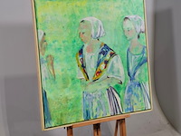 Acryl schilderij, maya wildevuur, vrouwen in kledendracht, 1990 - afbeelding 2 van  7