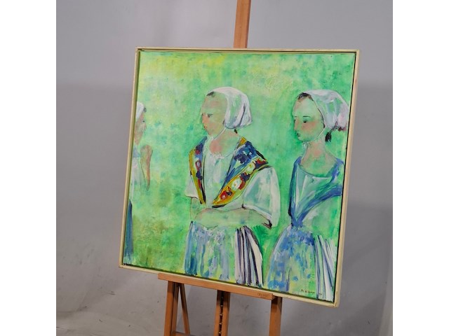 Acryl schilderij, maya wildevuur, vrouwen in kledendracht, 1990 - afbeelding 3 van  7