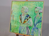 Acryl schilderij, maya wildevuur, vrouwen in kledendracht, 1990 - afbeelding 3 van  7