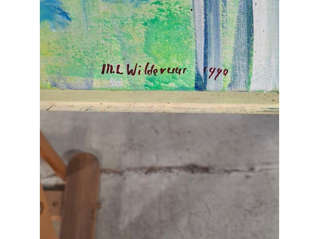 Acryl schilderij, maya wildevuur, vrouwen in kledendracht, 1990 - afbeelding 4 van  7